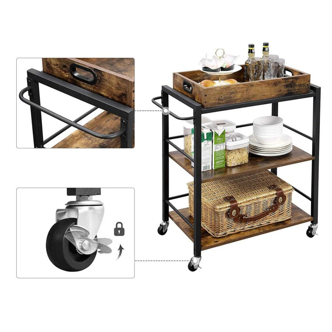 Bar Cart With Wheels 3-Tier Industrial Serving Cart With Tray – product view 7 | Ridgefield Furniture