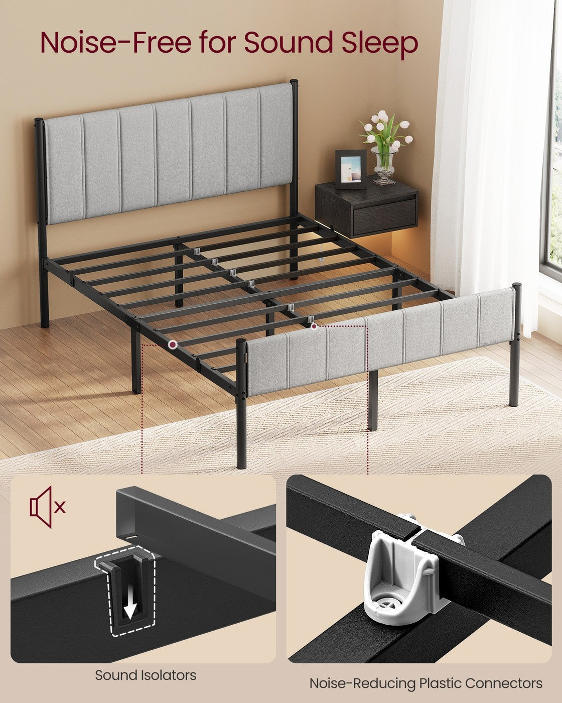 Upholstered Metal Bed Frame With Headboard And Footboard, Twin To Queen - product photo 21