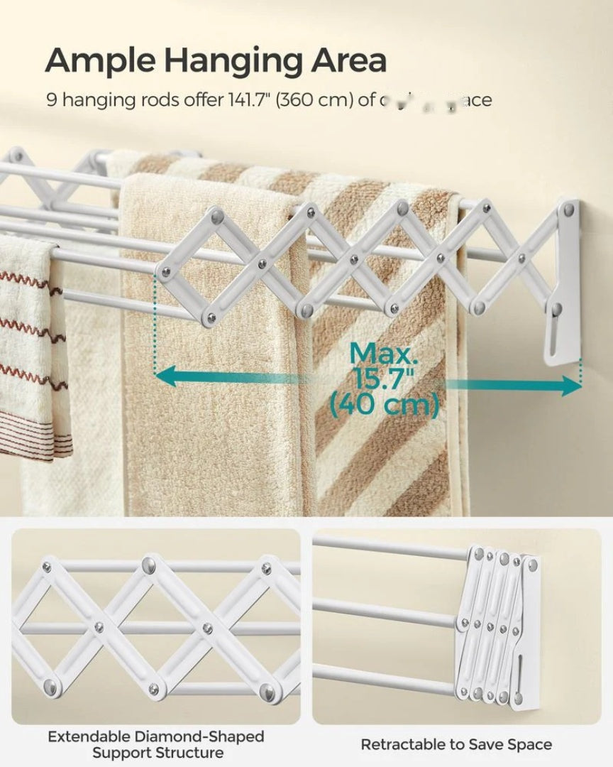 Wall Mounted Clothes Drying Rack Expandable 9 Rod Steel Airer – product view 6 | Ridgefield Furniture