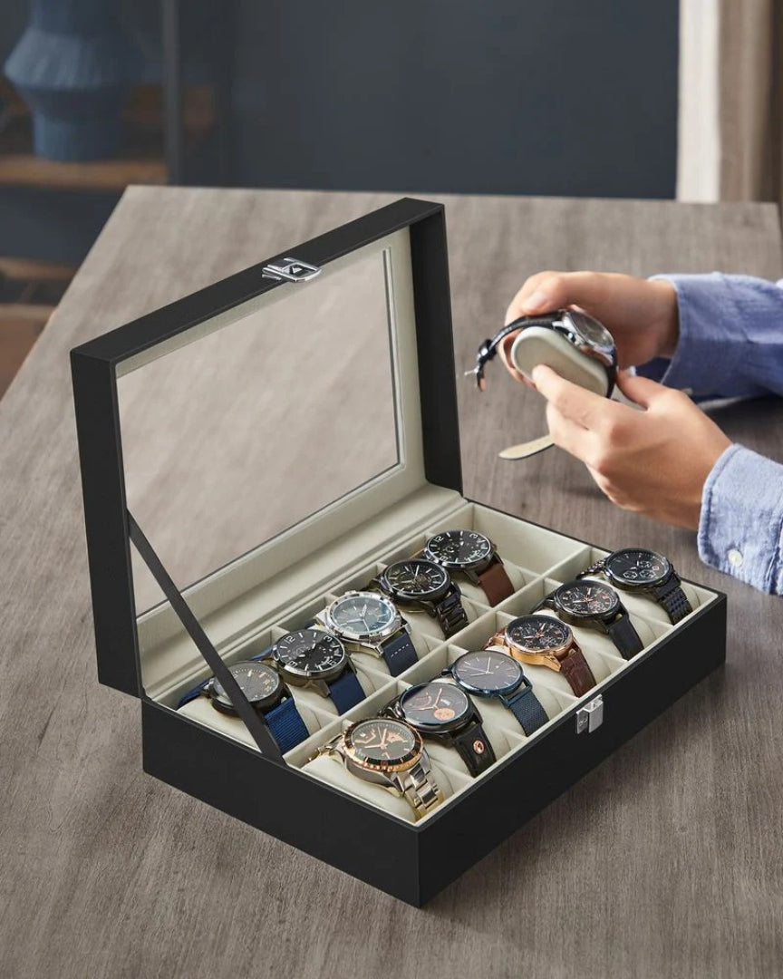 Watch Storage Case With Glass Lid 6 Or 12 Slot Organizer – product view 48 | Ridgefield Furniture