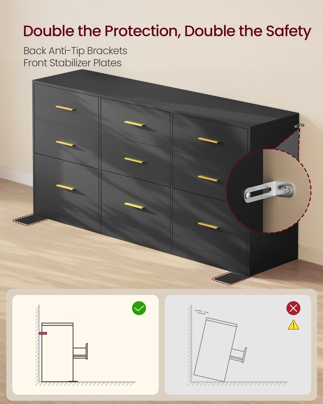 Wide Drawer Dresser For Bedroom, 63.1 Inch TV Stand And Chest Of Drawers - product photo 12
