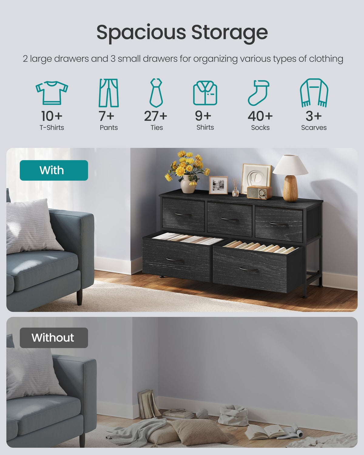 Wide Dresser For Bedroom With 5 Fabric Drawers And Steel Frame - product photo 25