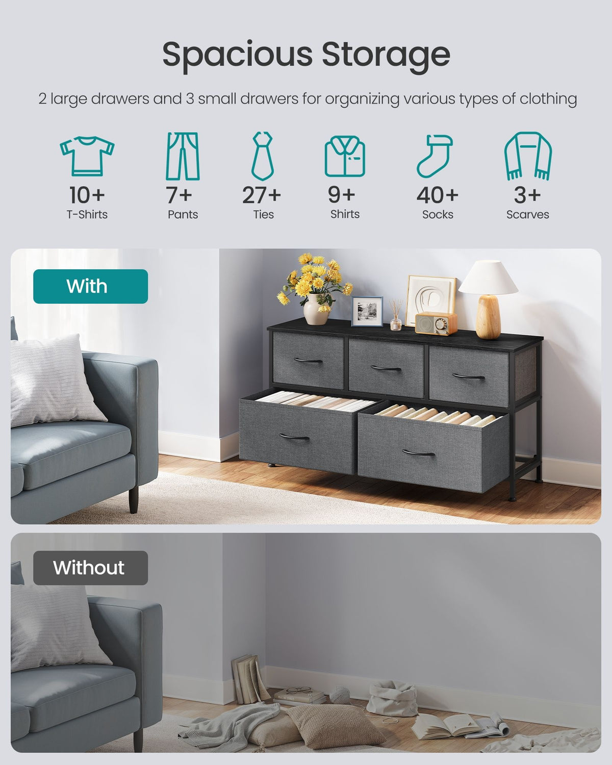 Wide Dresser For Bedroom With 5 Fabric Drawers And Steel Frame - product photo 30