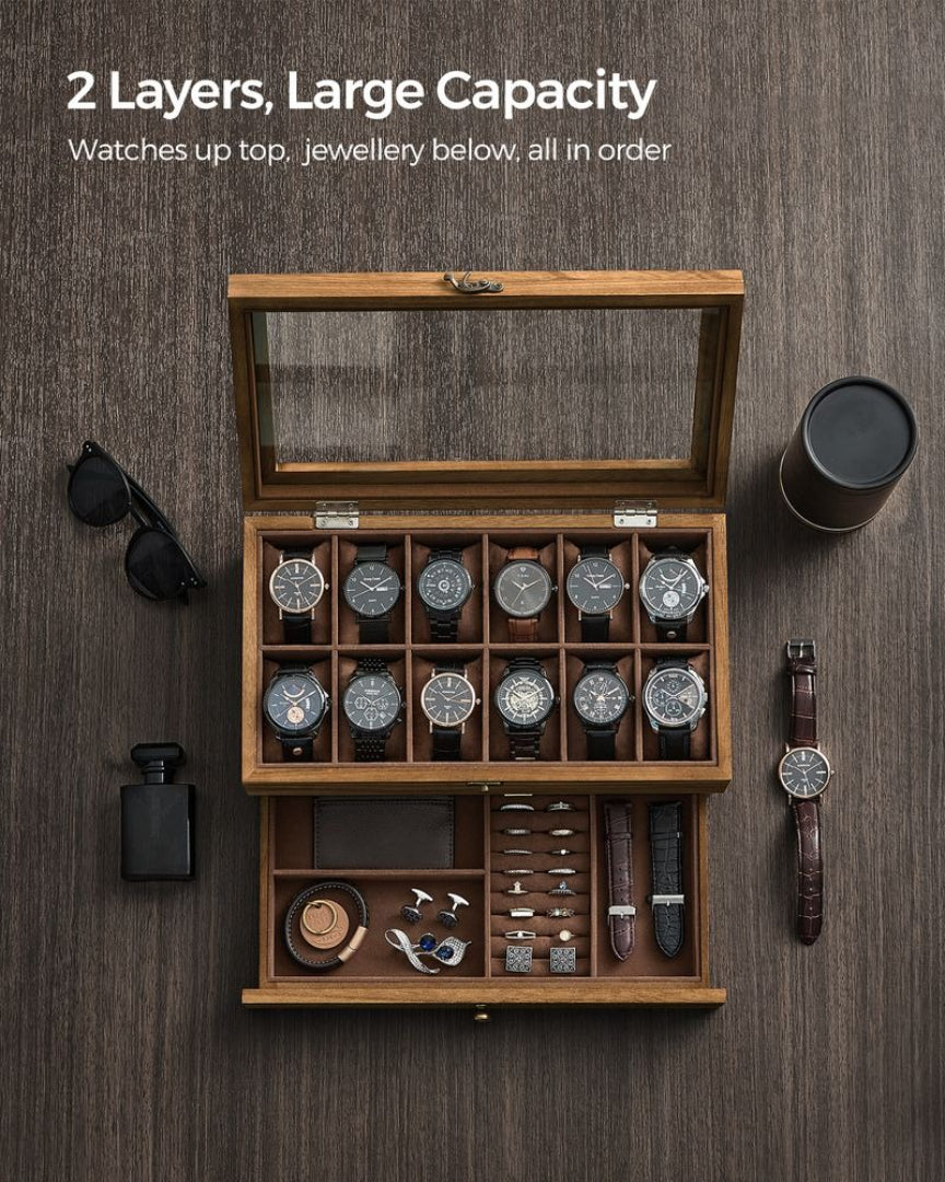 Wood Watch Box With Glass Lid 8 Or 12 Slot Organizer – product view 8 | Ridgefield Furniture