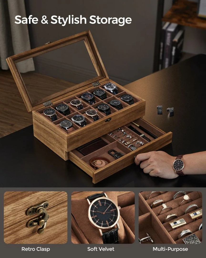 Wood Watch Box With Glass Lid 8 Or 12 Slot Organizer – product view 9 | Ridgefield Furniture