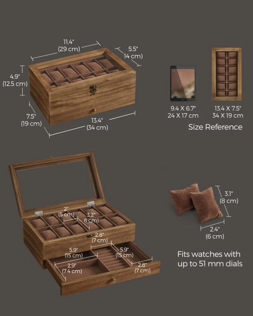 Wood Watch Box With Glass Lid 8 Or 12 Slot Organizer – product view 11 | Ridgefield Furniture