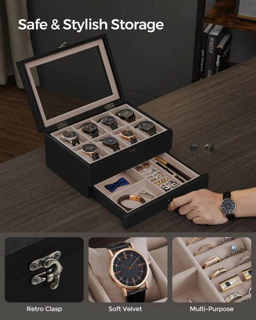 Wood Watch Box With Glass Lid 8 Or 12 Slot Organizer – product view 16 | Ridgefield Furniture