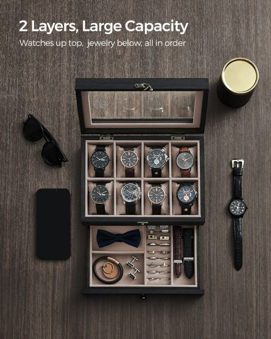Wood Watch Box With Glass Lid 8 Or 12 Slot Organizer – product view 18 | Ridgefield Furniture