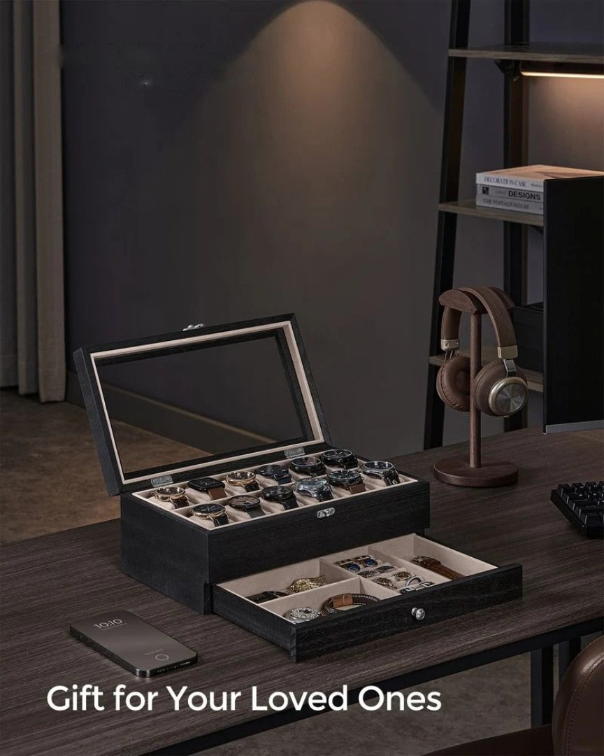 Wood Watch Box With Glass Lid 8 Or 12 Slot Organizer – product view 21 | Ridgefield Furniture