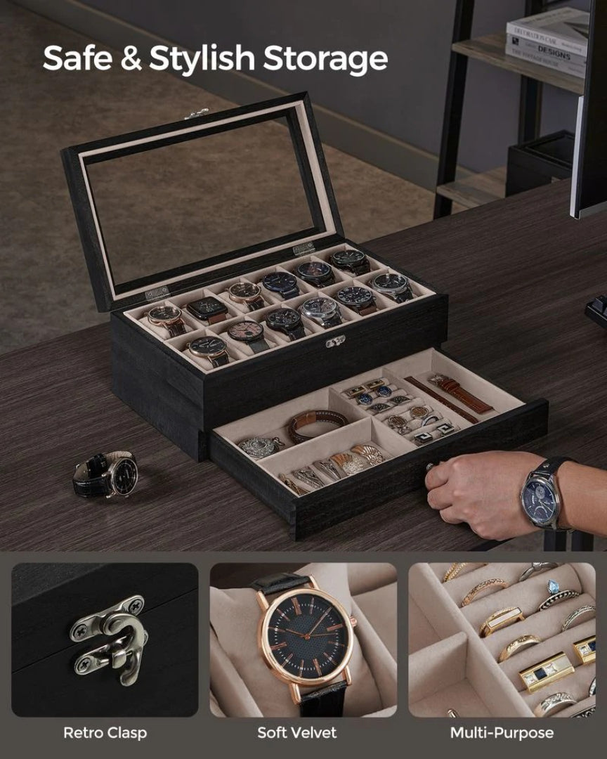 Wood Watch Box With Glass Lid 8 Or 12 Slot Organizer – product view 23 | Ridgefield Furniture