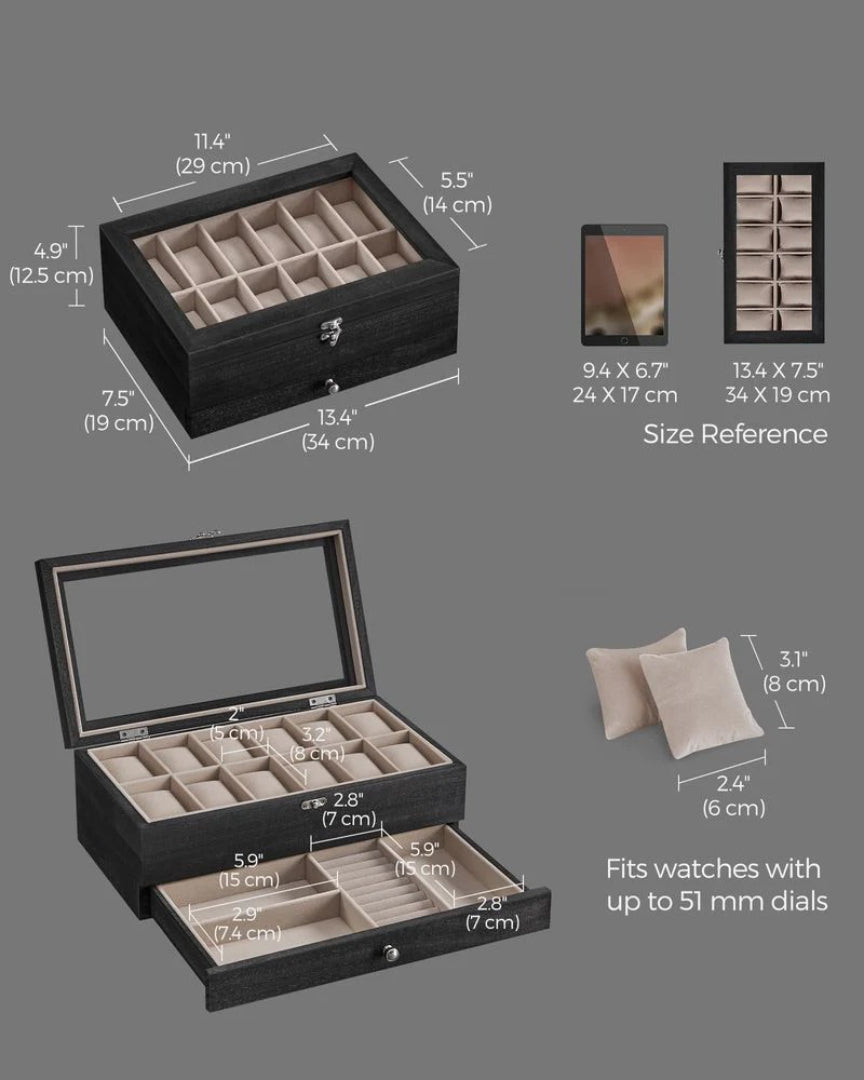 Wood Watch Box With Glass Lid 8 Or 12 Slot Organizer – product view 24 | Ridgefield Furniture