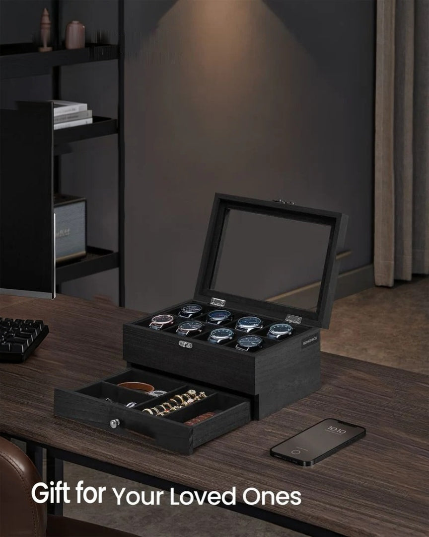 Wood Watch Box With Glass Lid 8 Or 12 Slot Organizer – product view 28 | Ridgefield Furniture