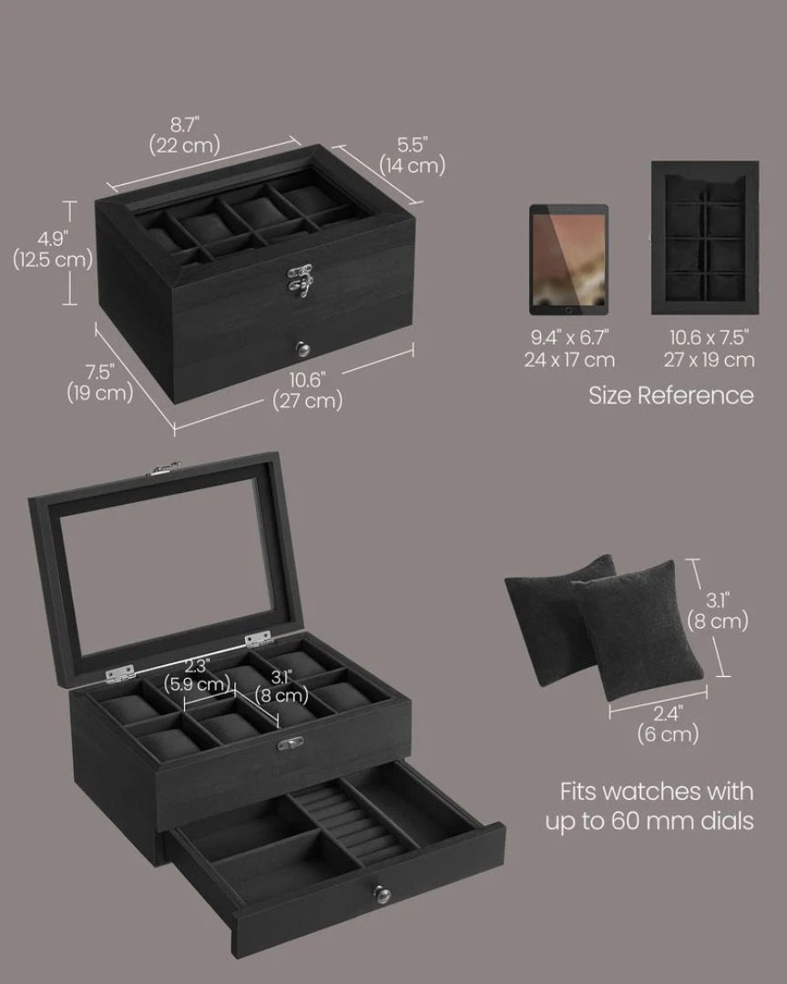Wood Watch Box With Glass Lid 8 Or 12 Slot Organizer – product view 31 | Ridgefield Furniture