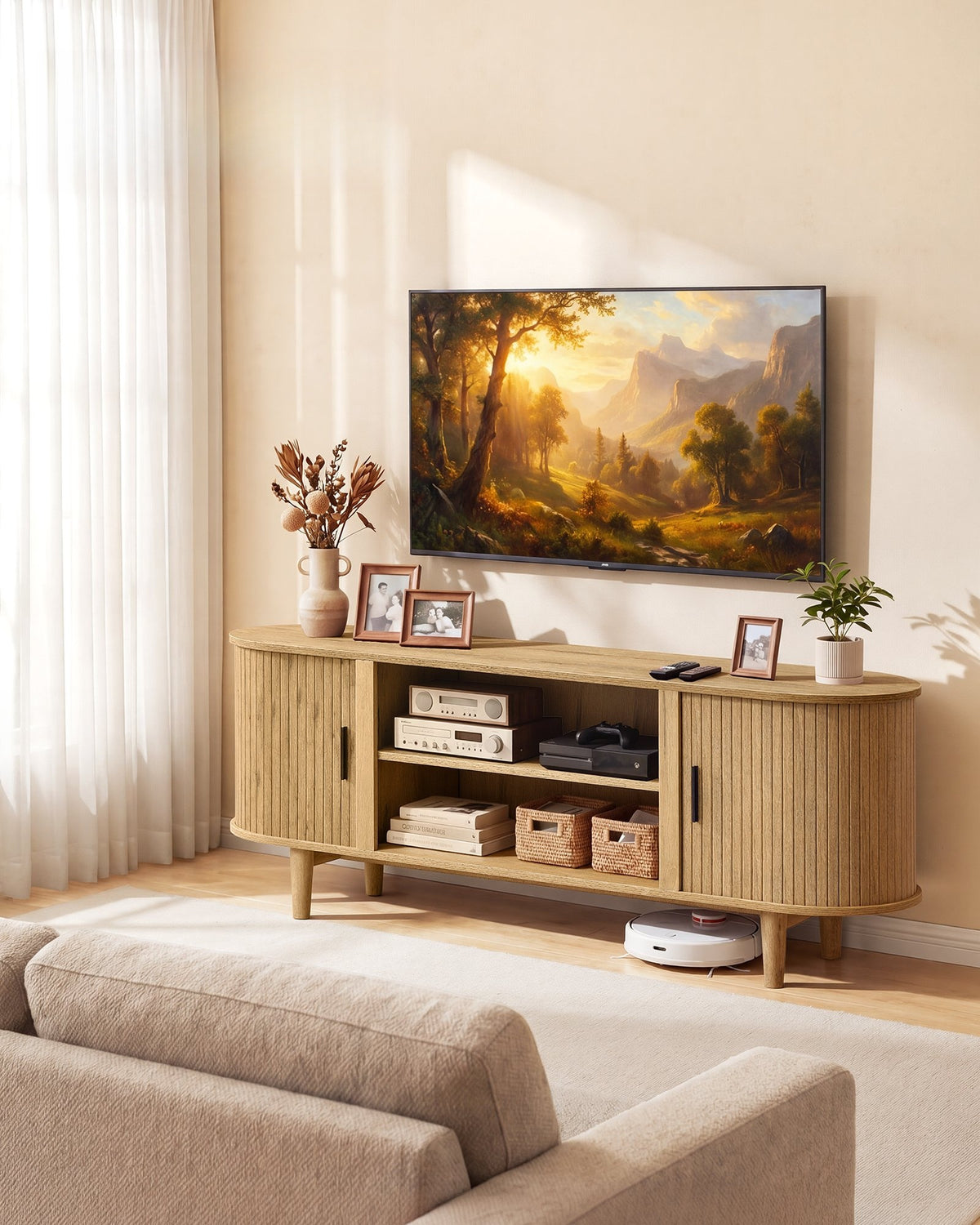 Wooden TV Stand For 65 Inch TVs With Storage Shelves, Media Console - product photo 09