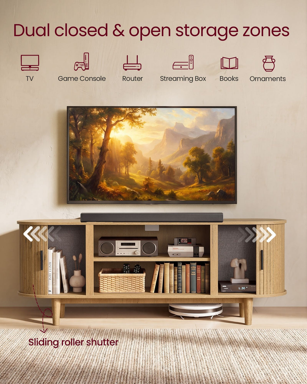 Wooden TV Stand For 65 Inch TVs With Storage Shelves, Media Console - product photo 10