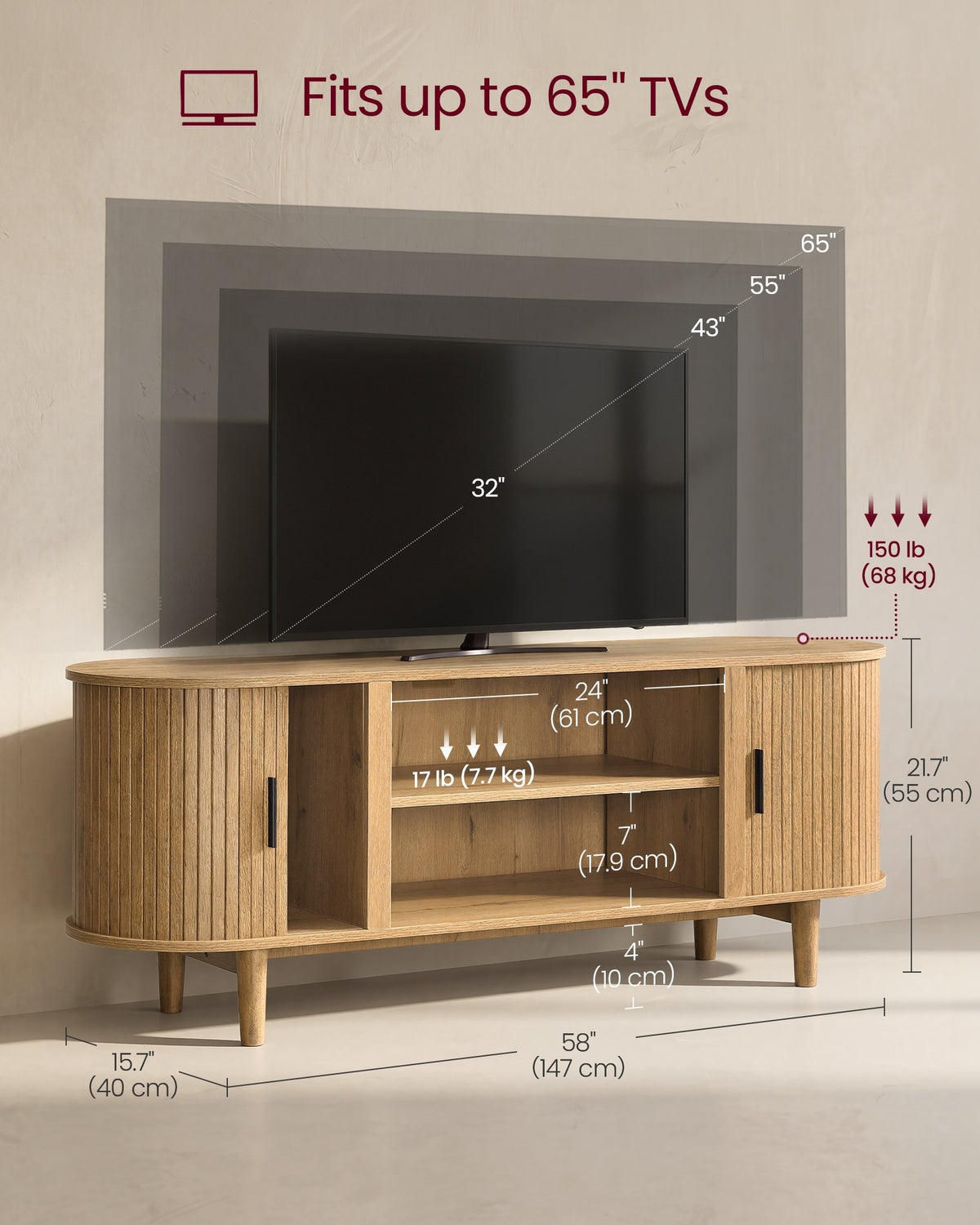 Wooden TV Stand For 65 Inch TVs With Storage Shelves, Media Console - product photo 12