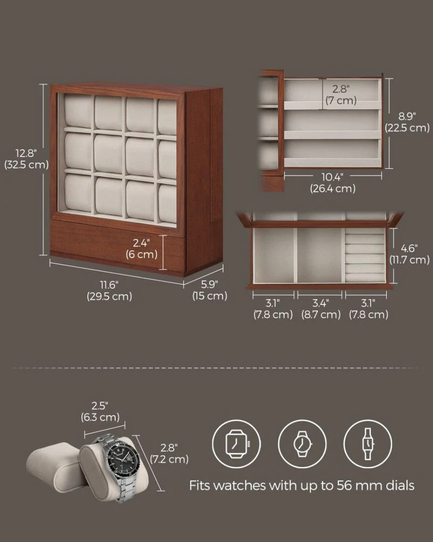 Wooden Watch Box 12 Slot Organizer With Glass Window – product view 6 | Ridgefield Furniture