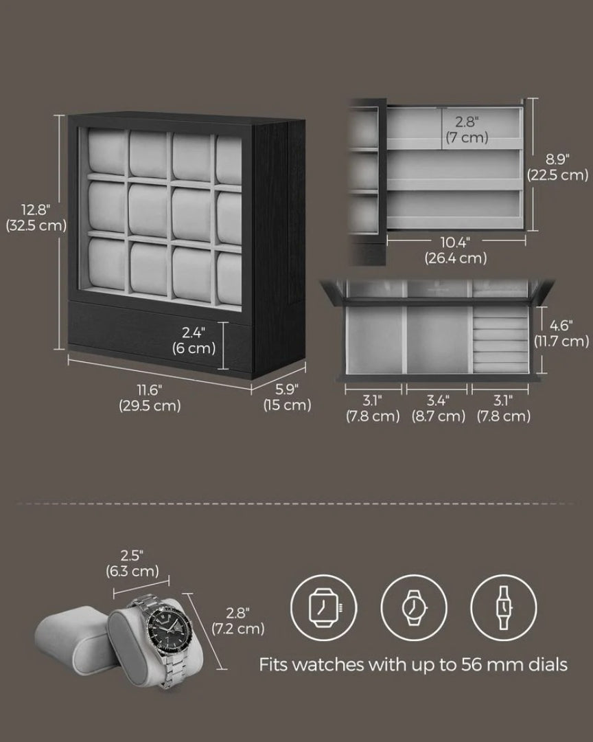 Wooden Watch Box 12 Slot Organizer With Glass Window – product view 11 | Ridgefield Furniture